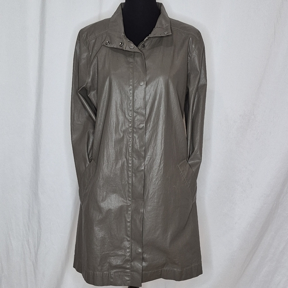 Eileen Fisher Olive Green Waxed Cotton Twill A-Line Jacket Hoodless - Size M - Picture 13 of 16